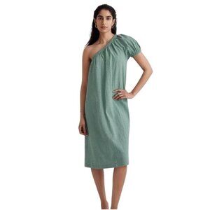 Madewell Seersucker One-Shoulder Puff-Sleeve Midi Dress Trellis Green NJ888 XL